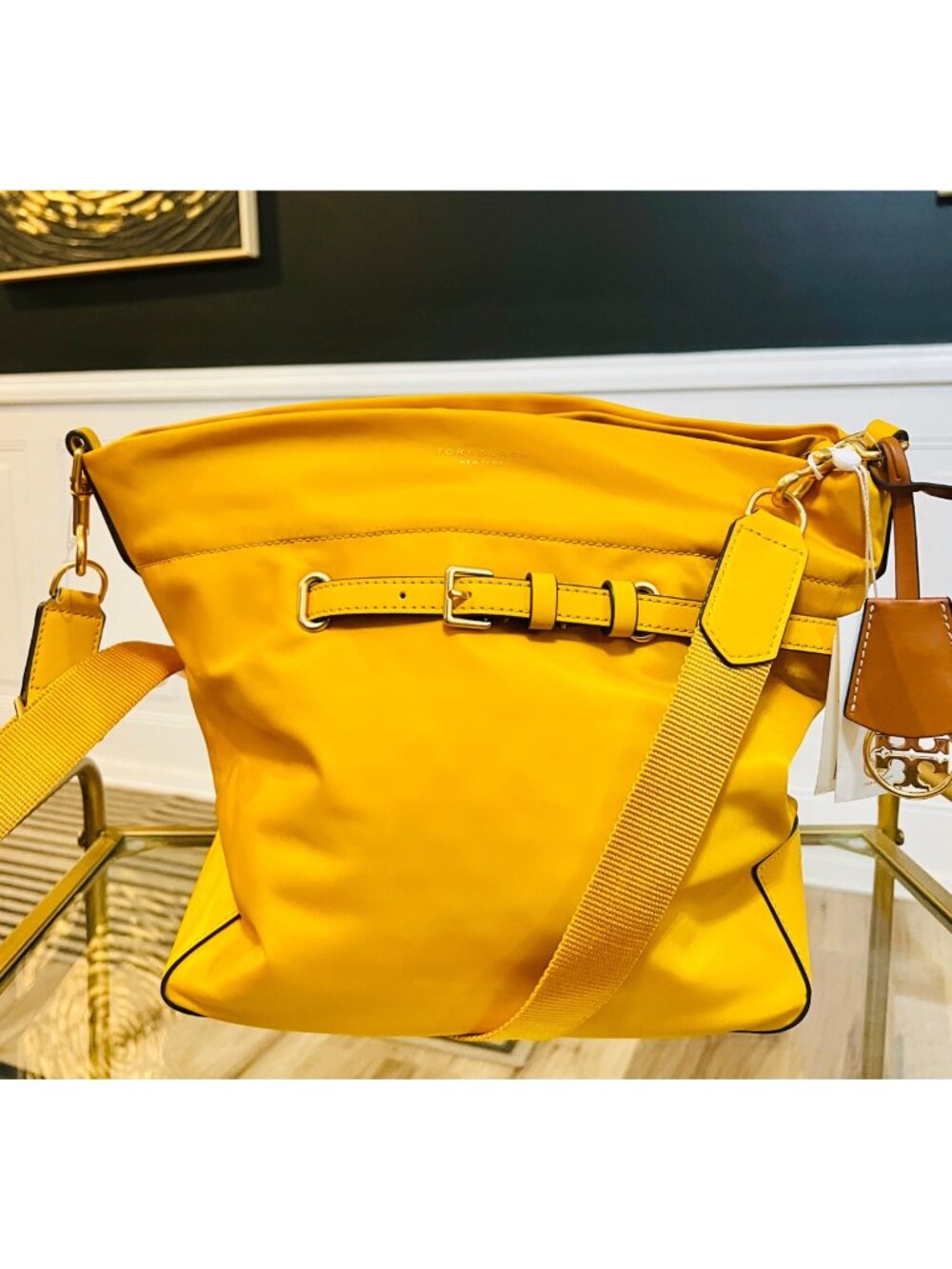 Tory Burch Yellow Nylon Belted Shoulder Bag With Adjustable Strap 88976